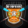 Modern crossed oars for rowing with number three in the middle of golden laurel wreath on the shield. Sport logo for any team